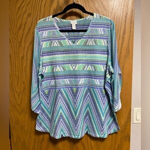 Chicos Shirt Womens 3 Extra Large Blue Green White Top Tunic Casual - EUC